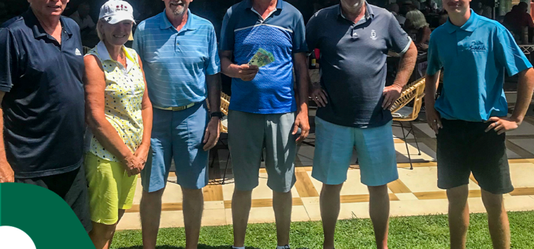 Happy winners last Wednesday at Santa Clara from left Fionan MacDonagh runner up. Ladies winner Geraldine Fitzpatrick. Frank Marsh 3rd. Overall winner with 38pts Frank Ammar. Andy Halsall and Ted Wakeford 2s.